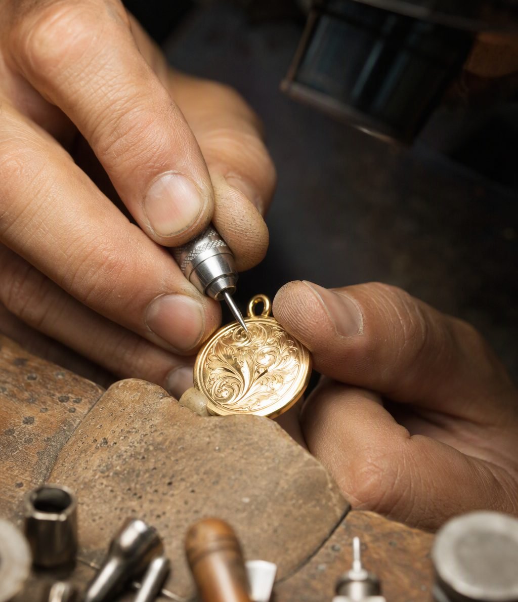 Jeweler hand-engraving a gold pendant